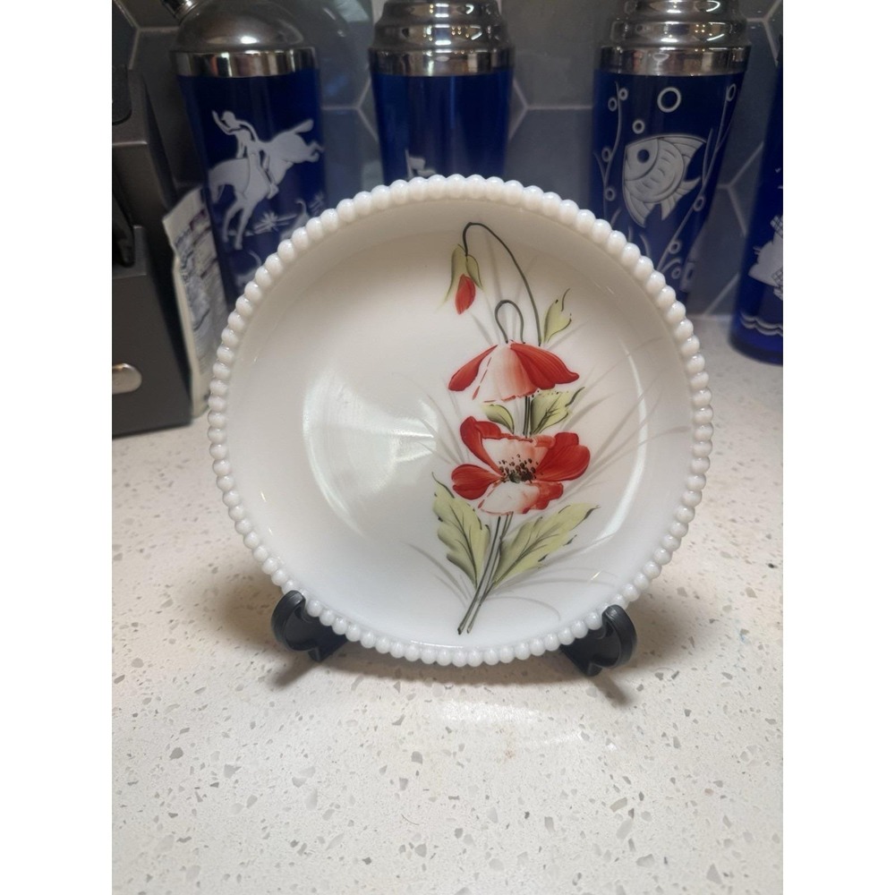 Westmoreland Beaded Edge Hand Painted Red Flower Plate Milk Glass